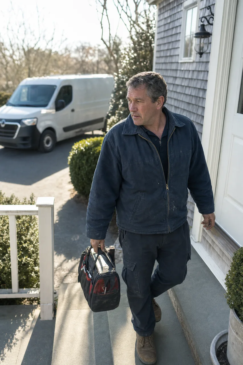 A technician crossing a driveway toward a customer porch with his tool roll, service van visible at the kerb