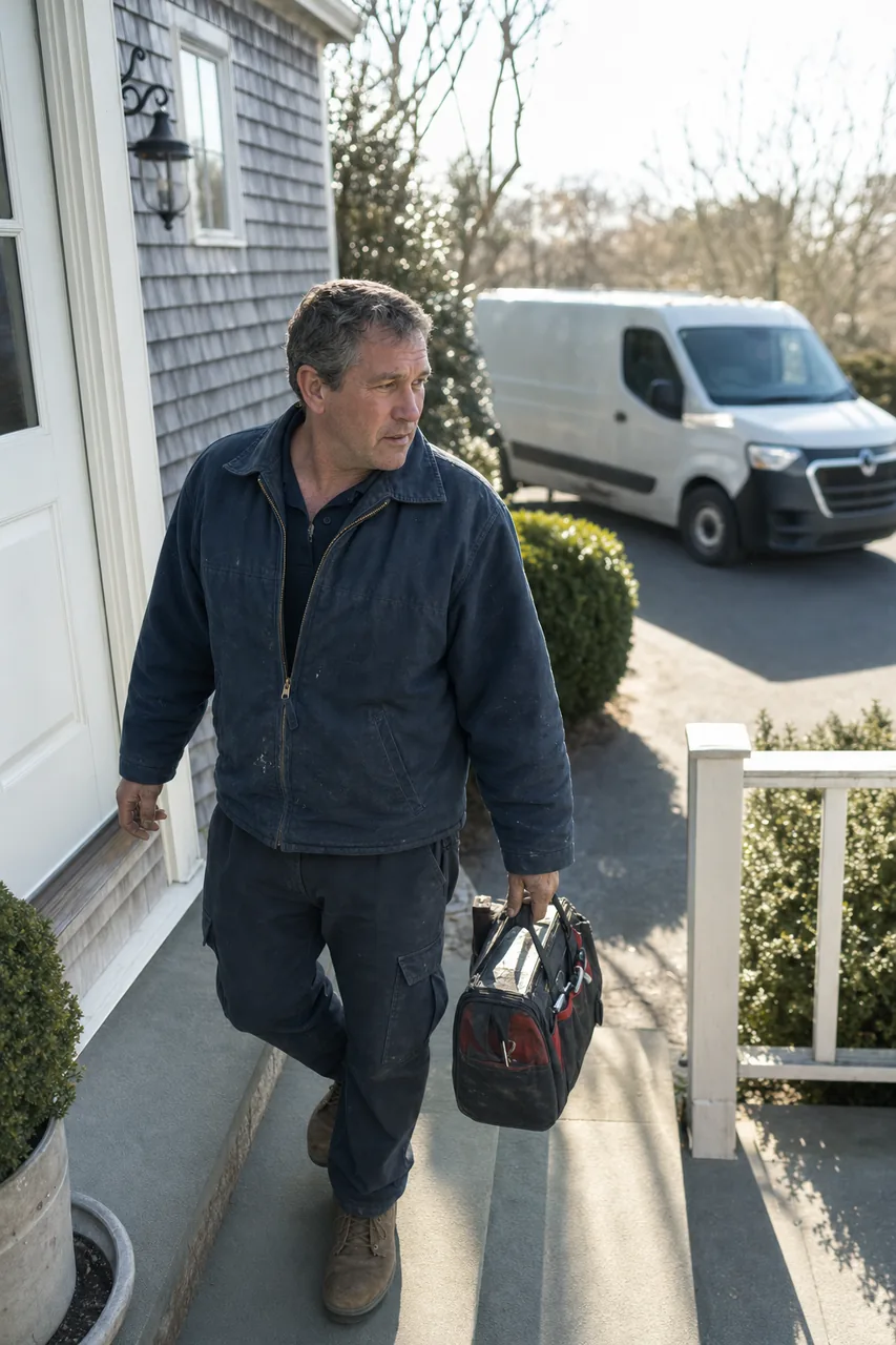 Reverse view of a technician reaching a covered front entry, van behind him on a shell-and-asphalt driveway