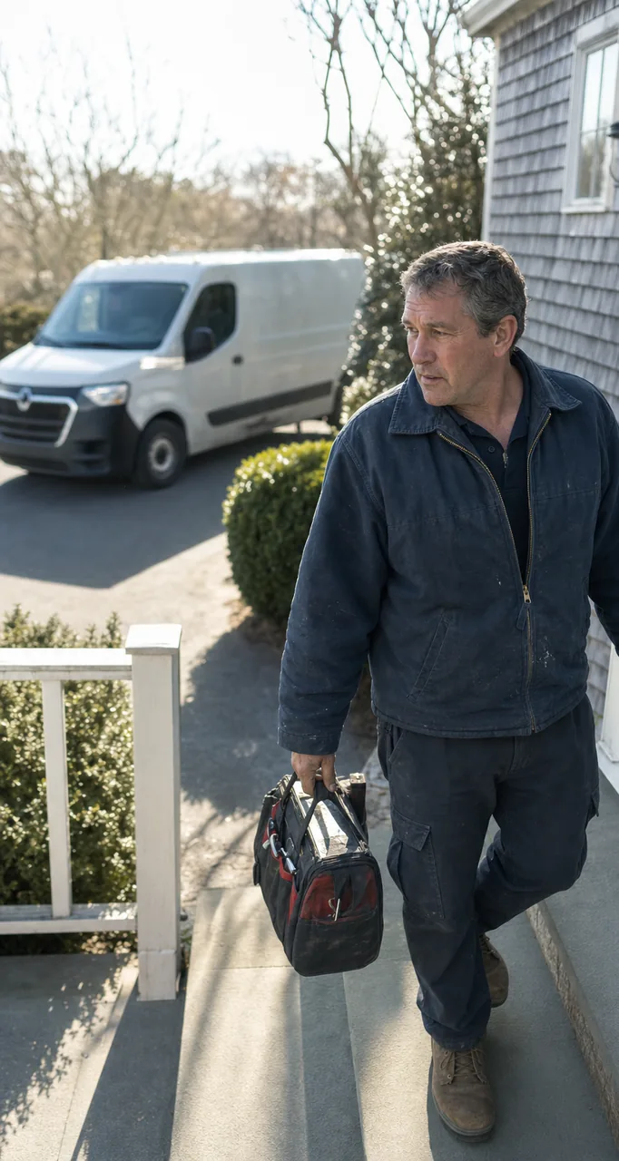 Wide view of a residential driveway with a service van, clipped hedging and a technician approaching the entry door