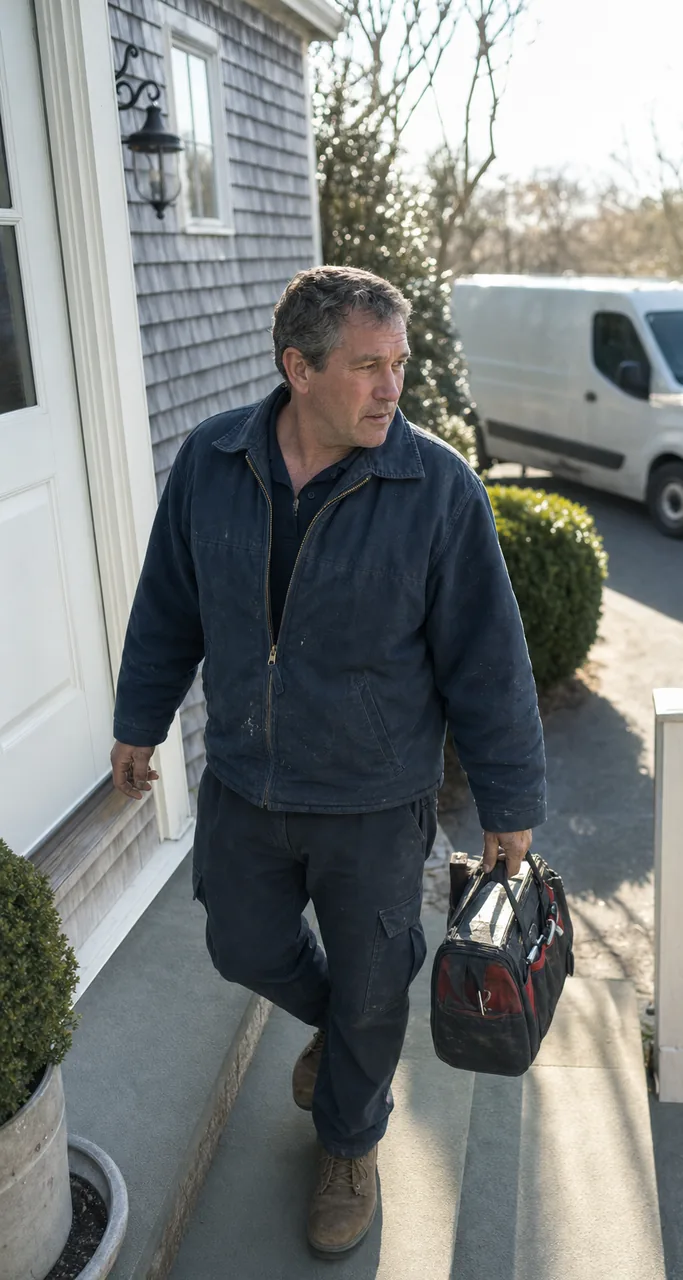 A technician stepping up onto a porch landing beside a white column, canvas tool bag low in his hand