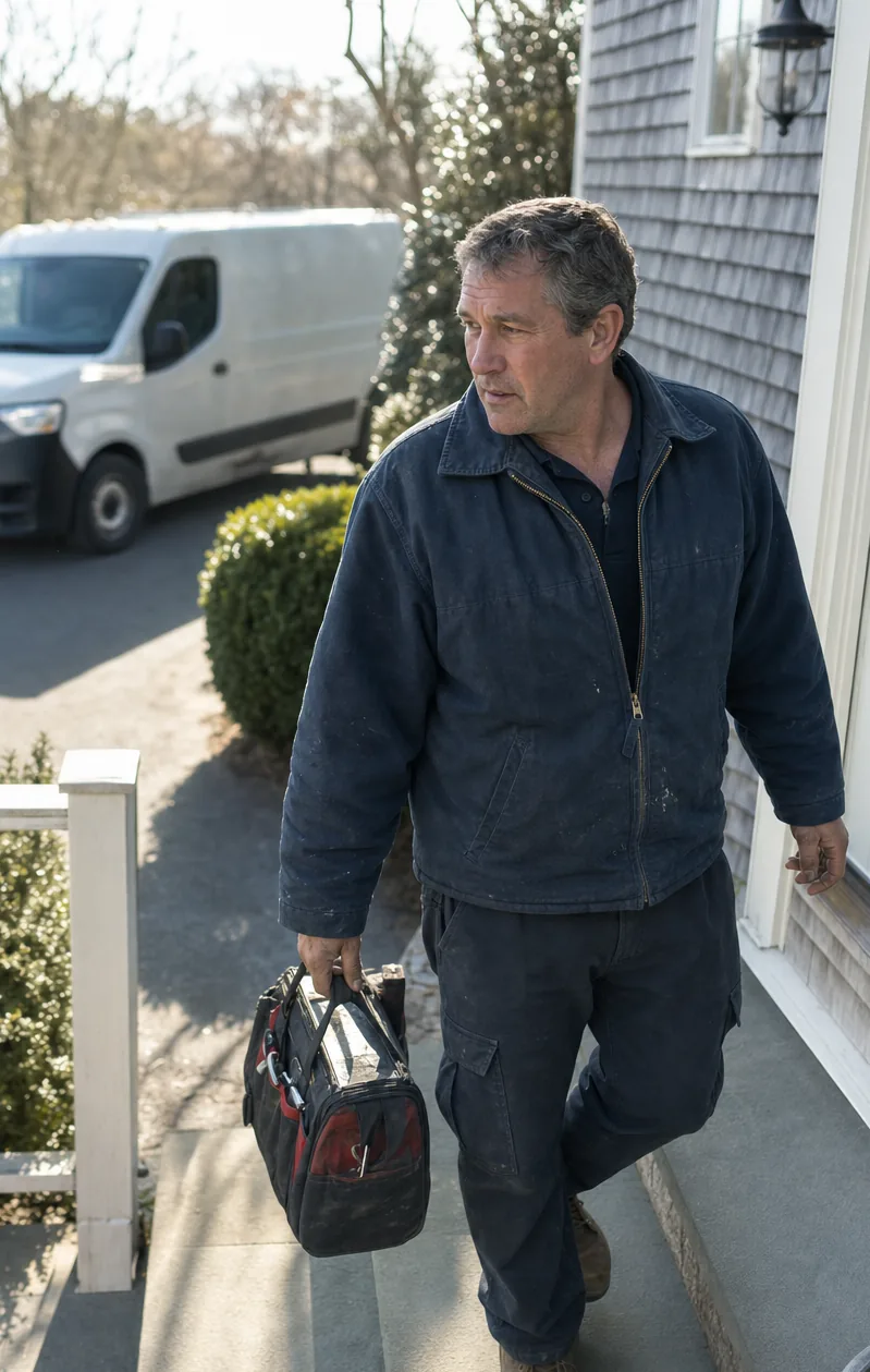 Close view of the same technician mid-stride on the walkway, tool bag in his right hand, boxwood hedge and porch rail either side