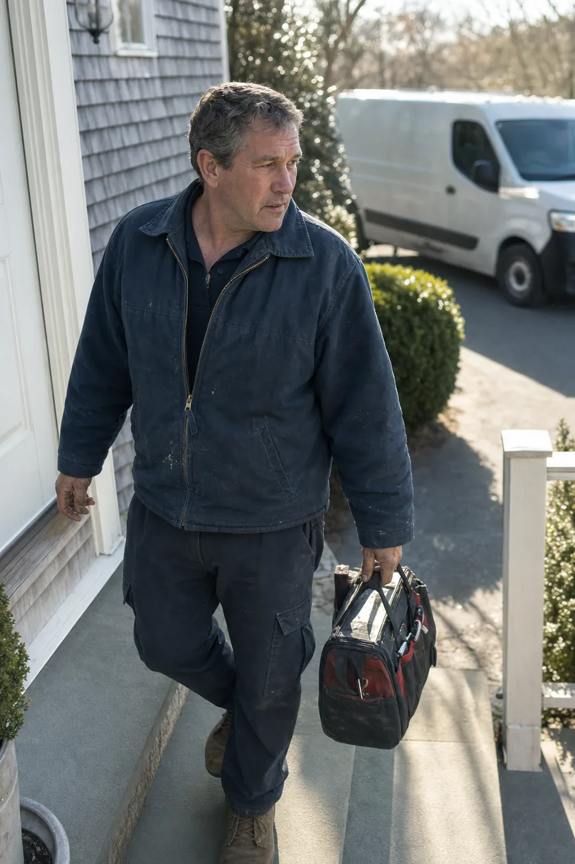 Tight crop of a technician on the front walk, jacket zipped, tool bag swinging at his knee