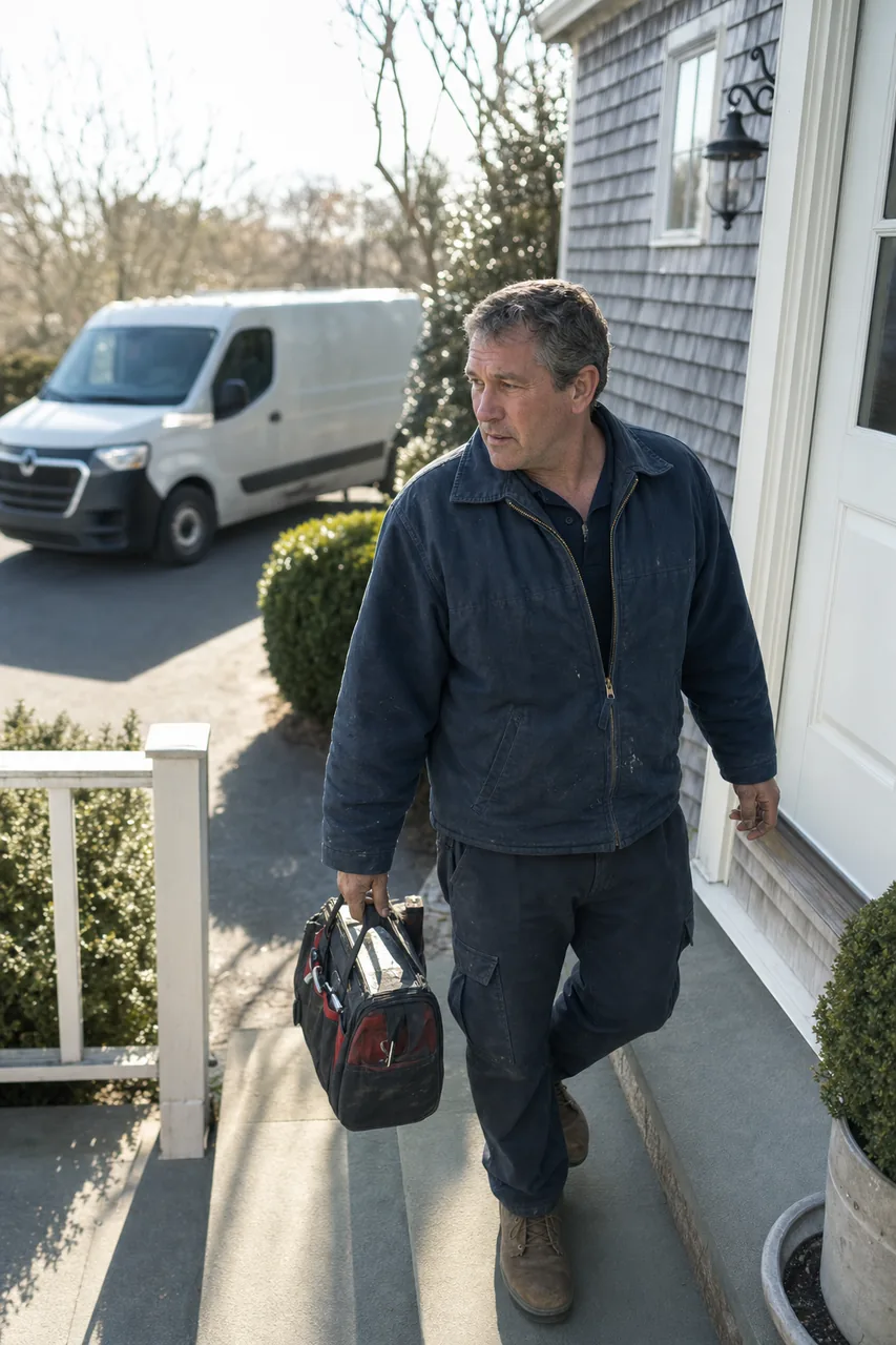 A technician in a worn navy jacket walking up the front steps of a shingled Jacksonville house with a soft tool bag, his white van parked on the drive behind him
