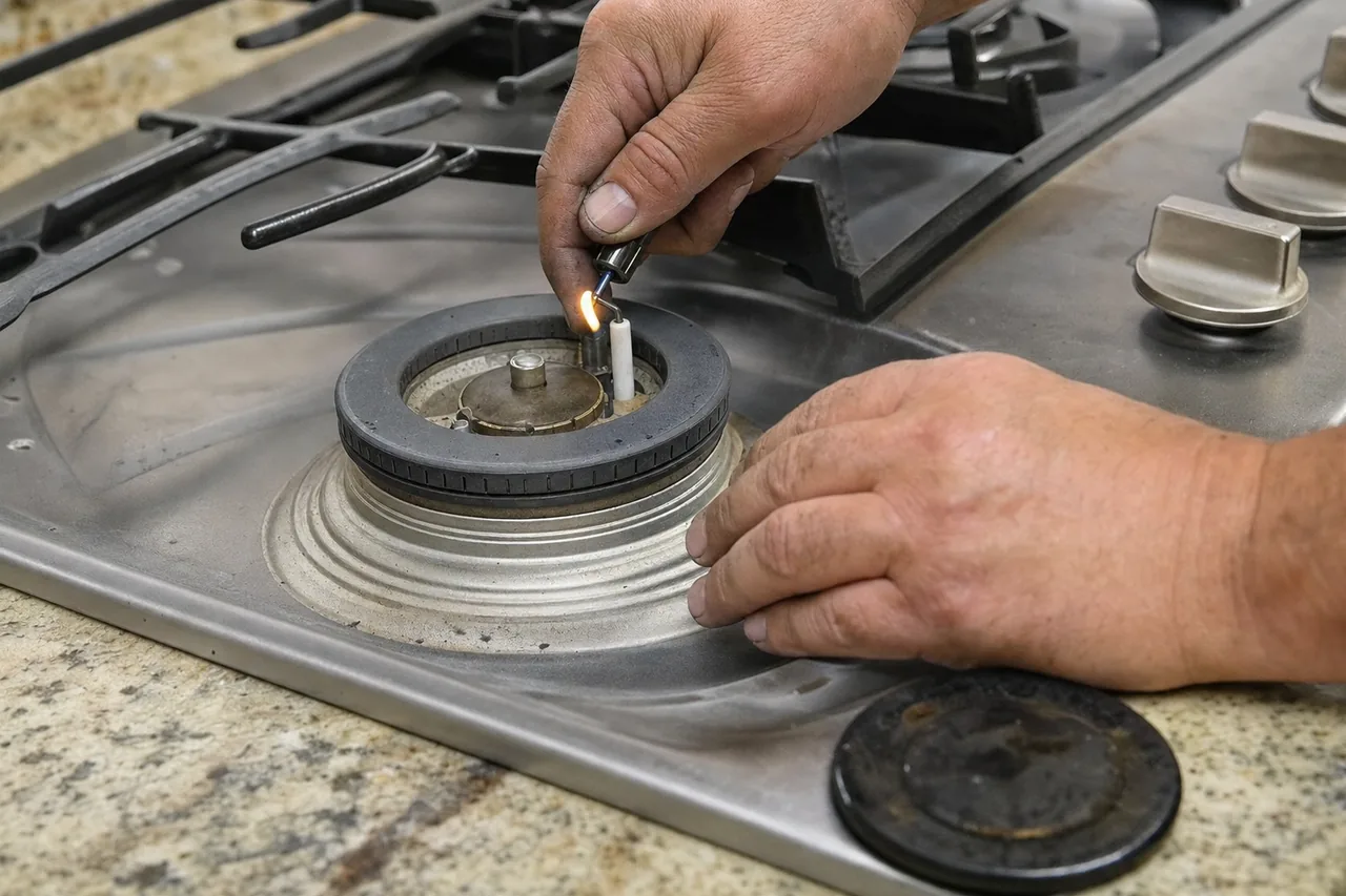 A pair of hands working at an opened burner well on a stainless cooktop set into speckled granite