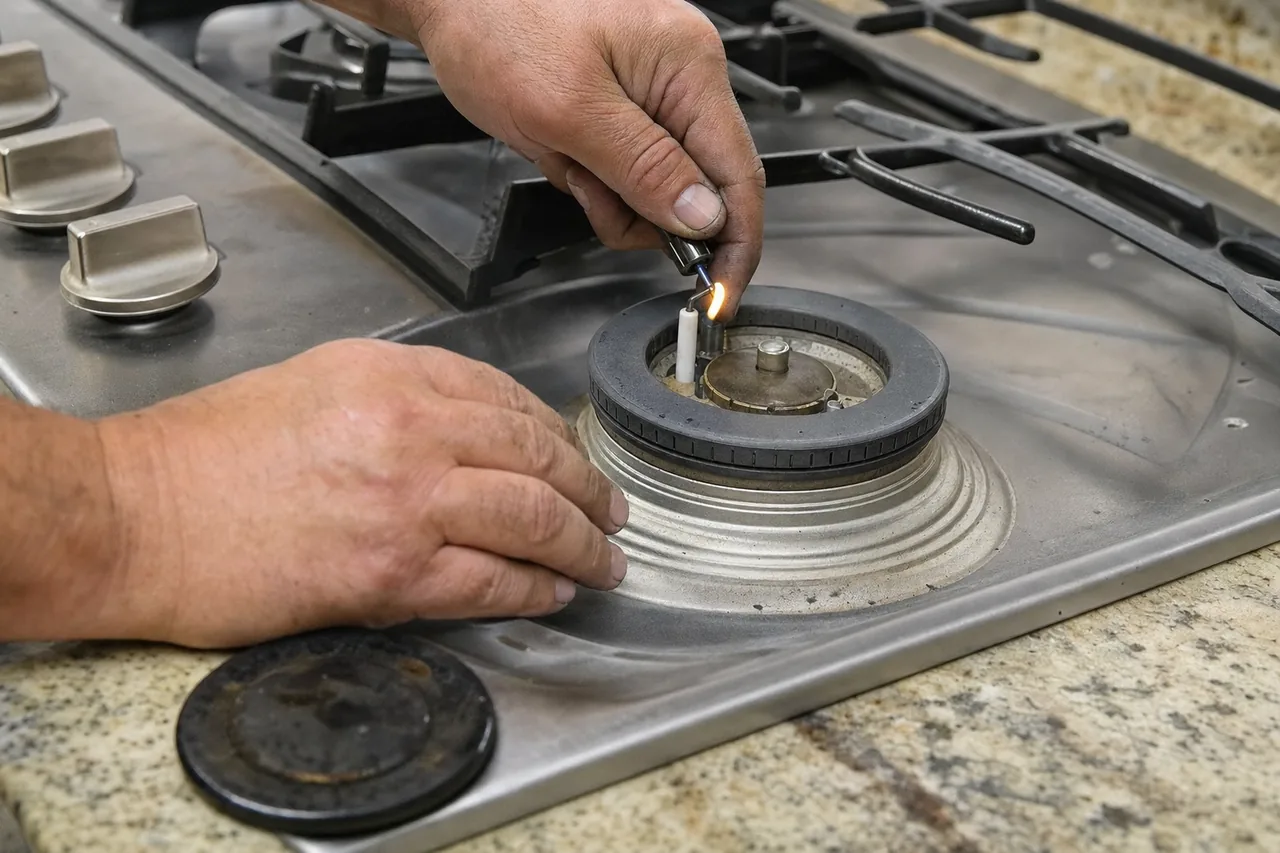 Mirrored view of hands servicing a stainless gas cooktop, a spare grate resting on the granite beside the burner