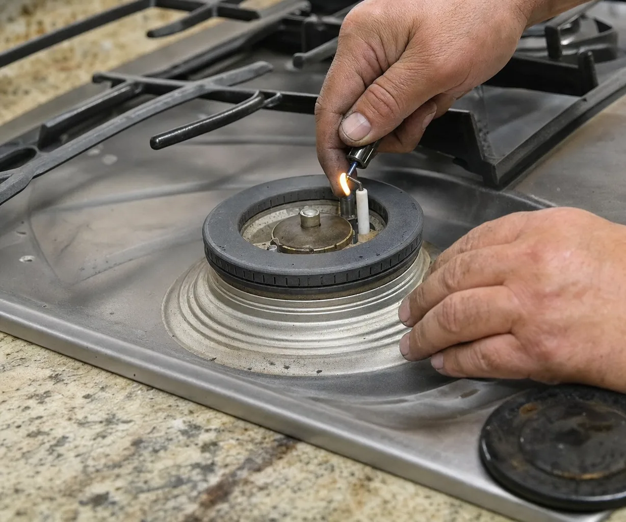 Close overhead view of a burner with its cap lifted clear, a lit flame held at the exposed ports and a second hand flat on the stainless surface