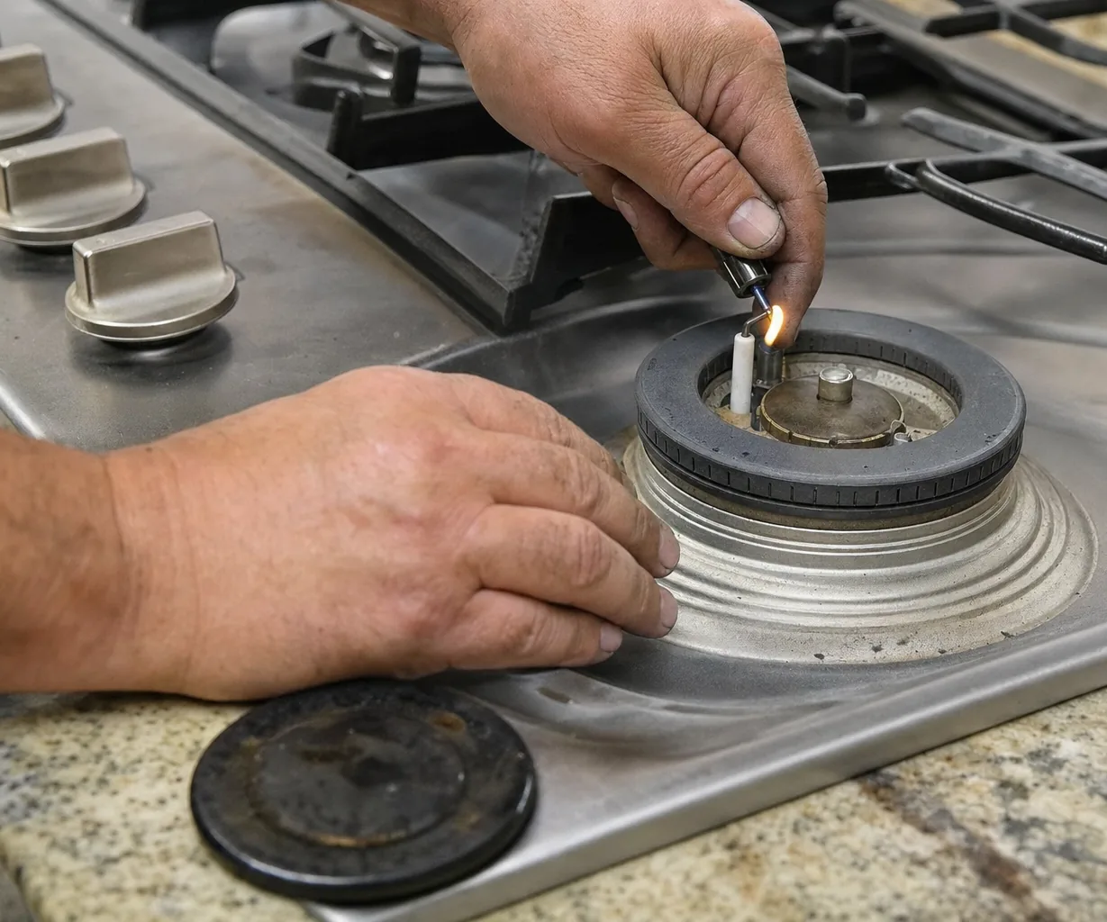 A stainless gas cooktop seen past its row of control knobs, one hand steadying the burner base while the other holds a lit test flame over the open head