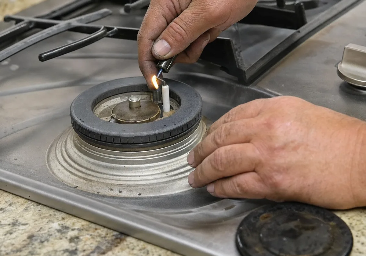 Macro view of a cooktop burner head with its cap removed, ports and igniter visible, a hand steadying the ring