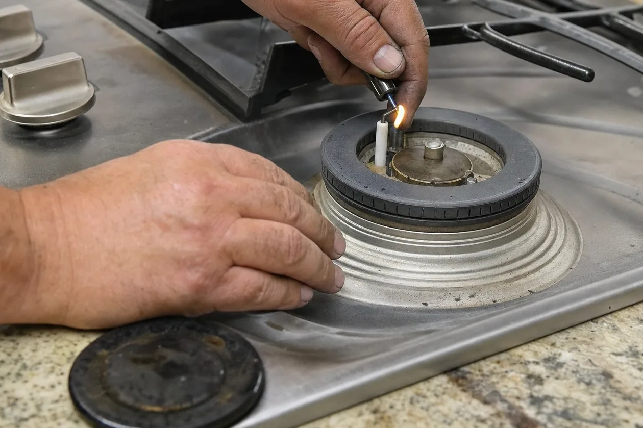 Off-centre crop of a cooktop burner being tested with the cast grates pushed aside on the counter