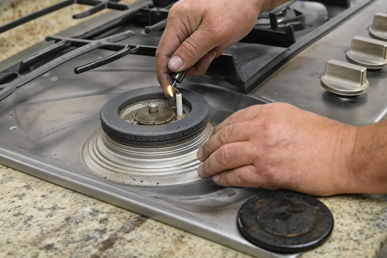Two hands at a stainless built-in cooktop, one lifting the burner cap clear while the other holds a lit test flame at the exposed head