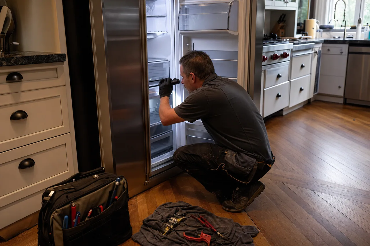 An open built-in refrigerator in a painted-cabinet kitchen with a technician crouched at the lower compartment holding a light