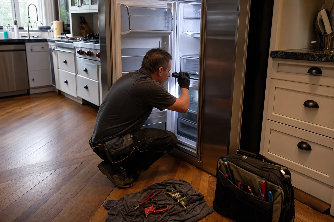 Reverse view of a technician lighting the inside of an open refrigerator cabinet while his open tool bag sits on the floor behind him