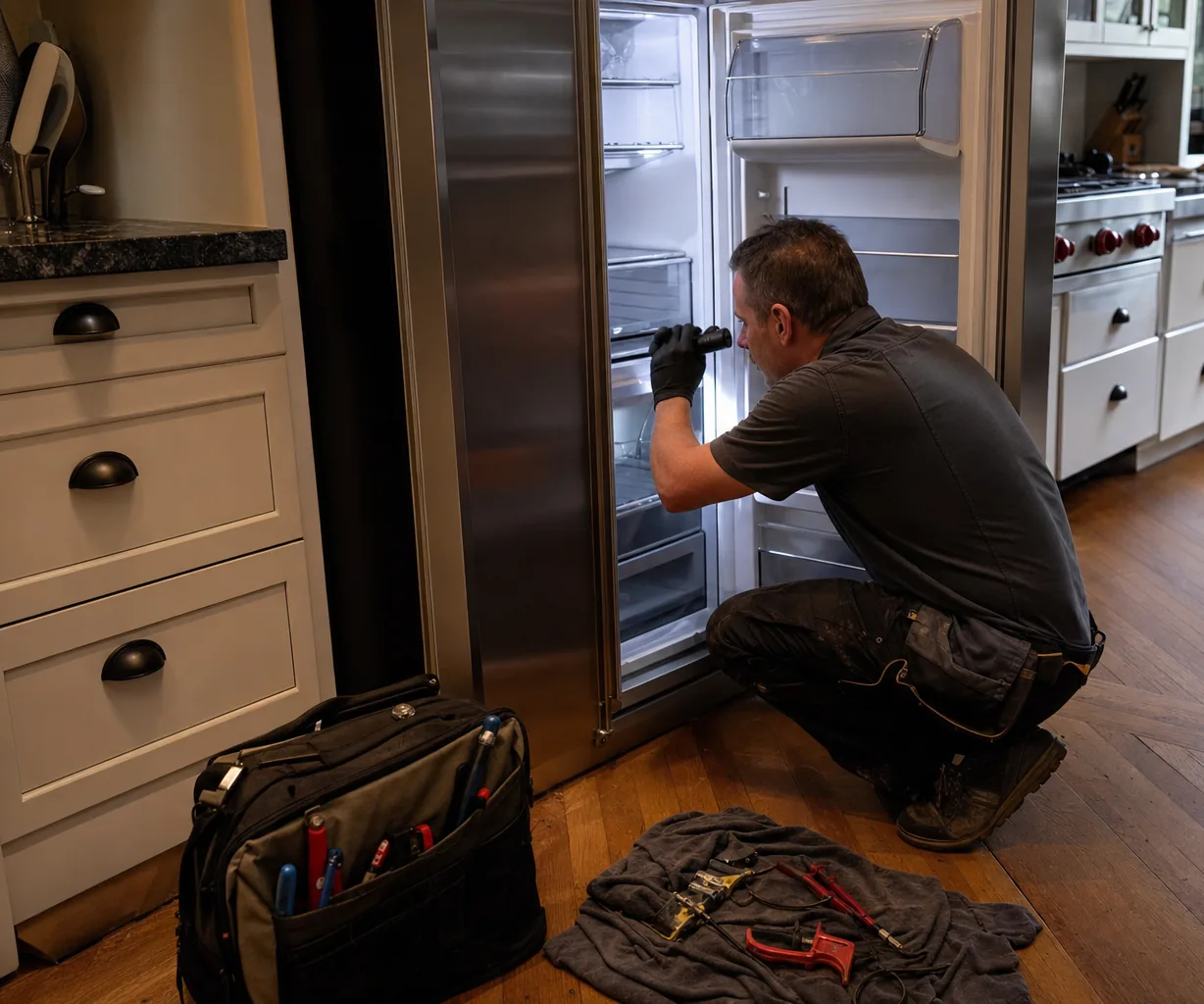 Left-hand view of a kitchen with a dishwasher panel at the end of the cabinet run and a technician working at the open refrigerator