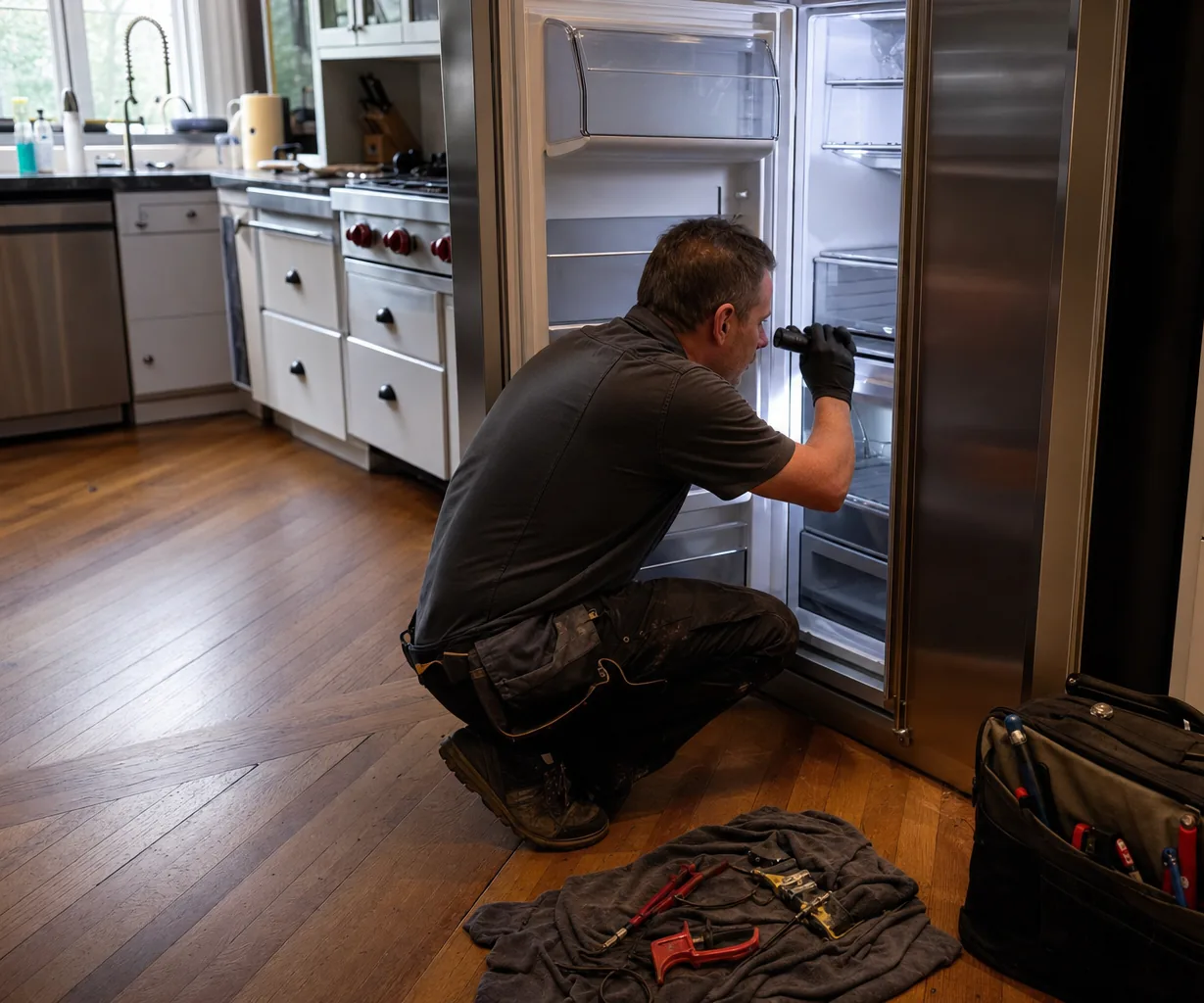 Mirrored kitchen view with hardwood floor, painted island and a technician kneeling at an open built-in refrigerator