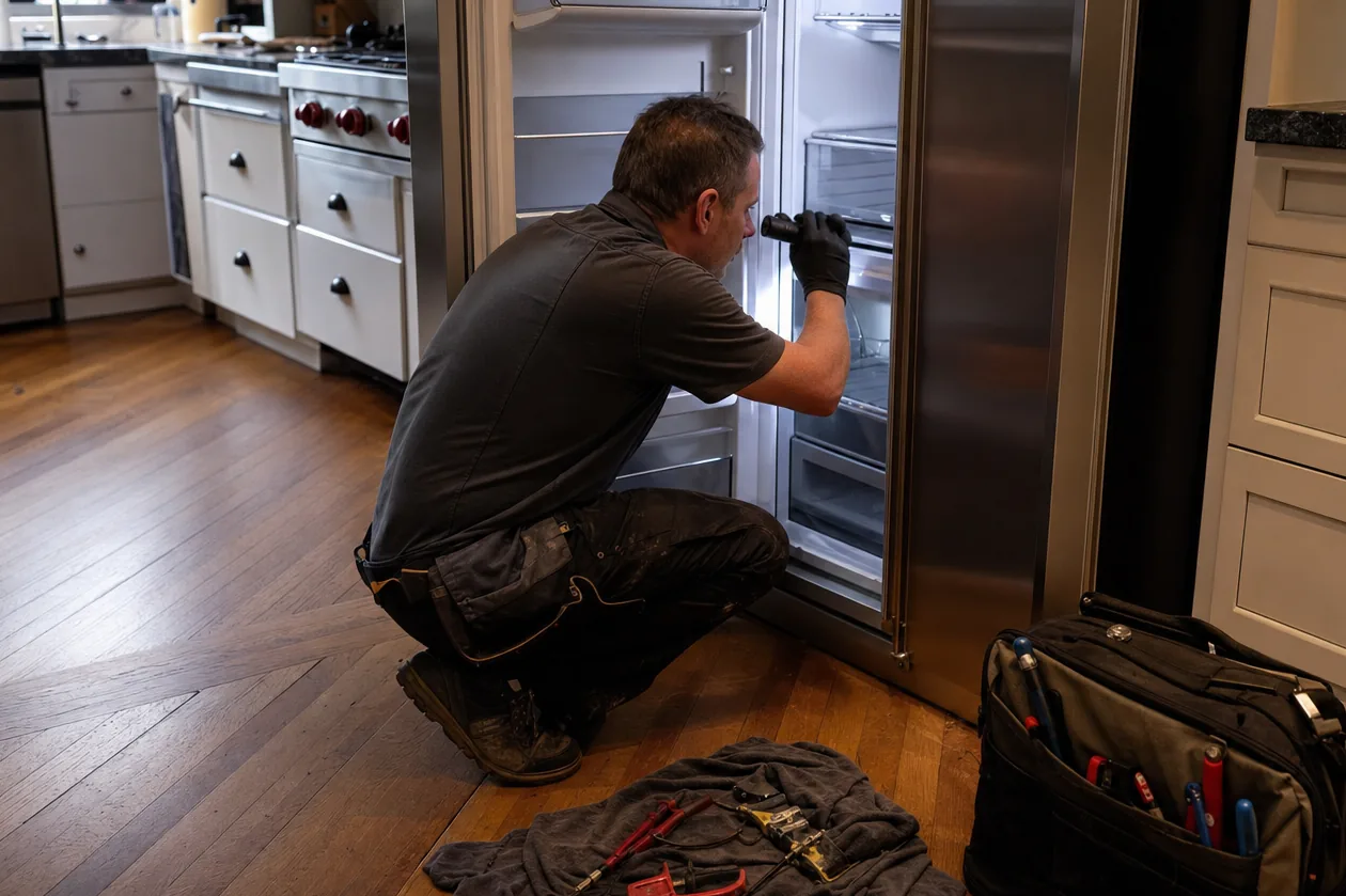Angled crop of a technician with a flashlight at an open refrigerator, cabinet drawer pulls and a countertop edge in the foreground