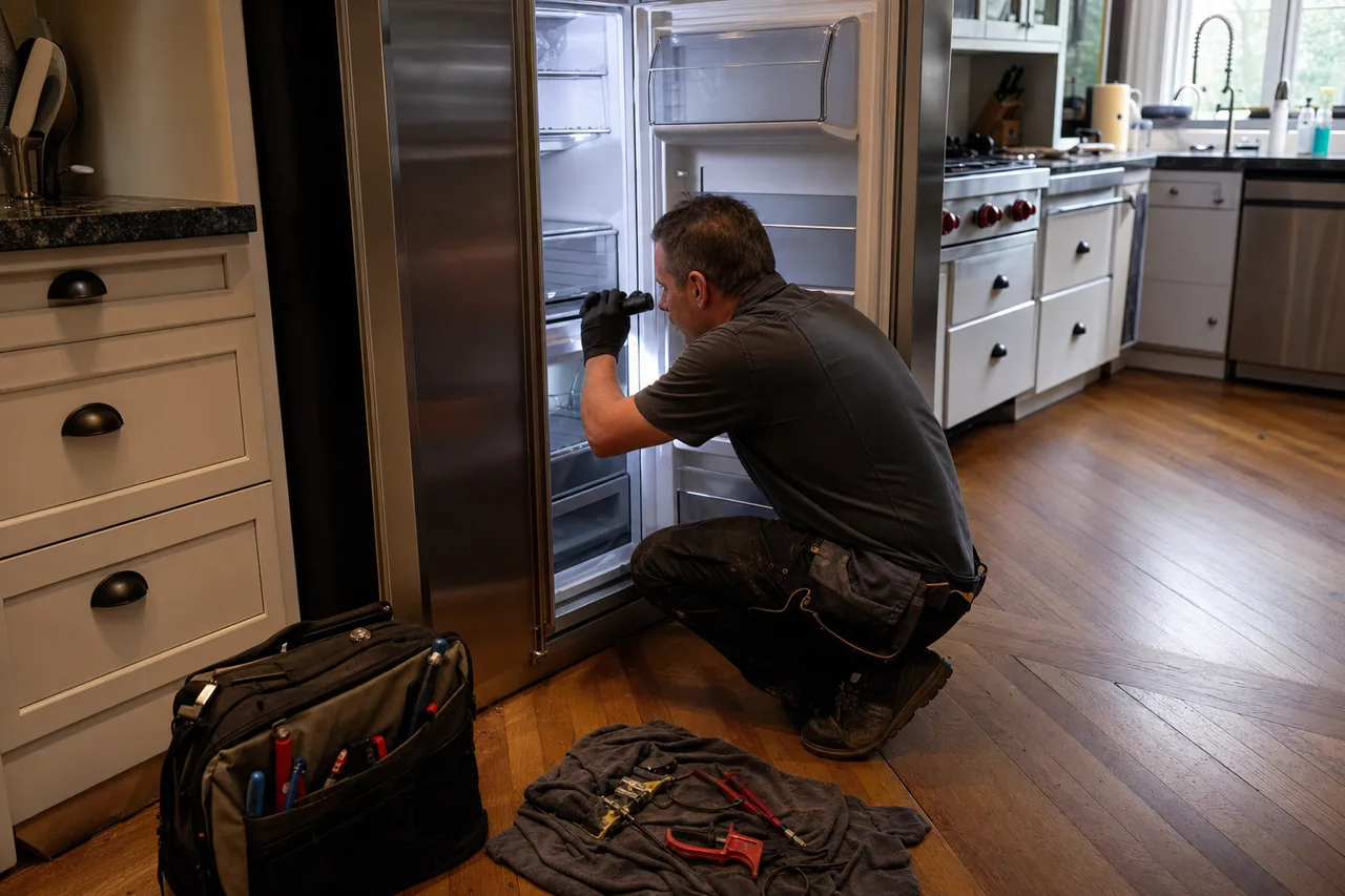 A technician kneeling on a wood floor with a flashlight aimed into the empty compartment of an open stainless built-in refrigerator, tool bag beside him
