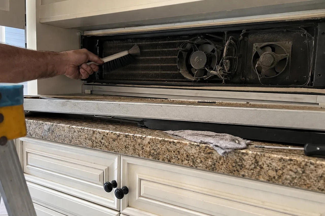 A brush drawn across a dust-loaded condenser coil and two cooling fans behind a removed upper grille