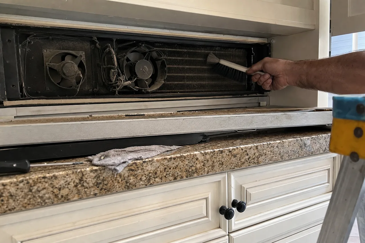 Mirrored view of an exposed condenser bay with twin fan cages and wiring above a built-in cabinet