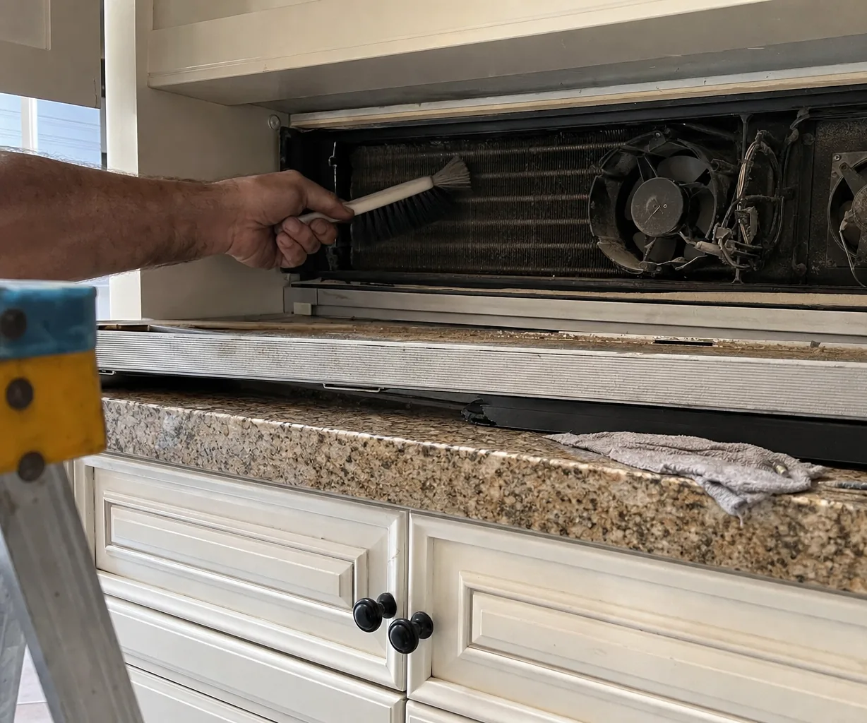 A hand with a stiff brush reaching into the coil above a built-in, a stepladder rail in the foreground