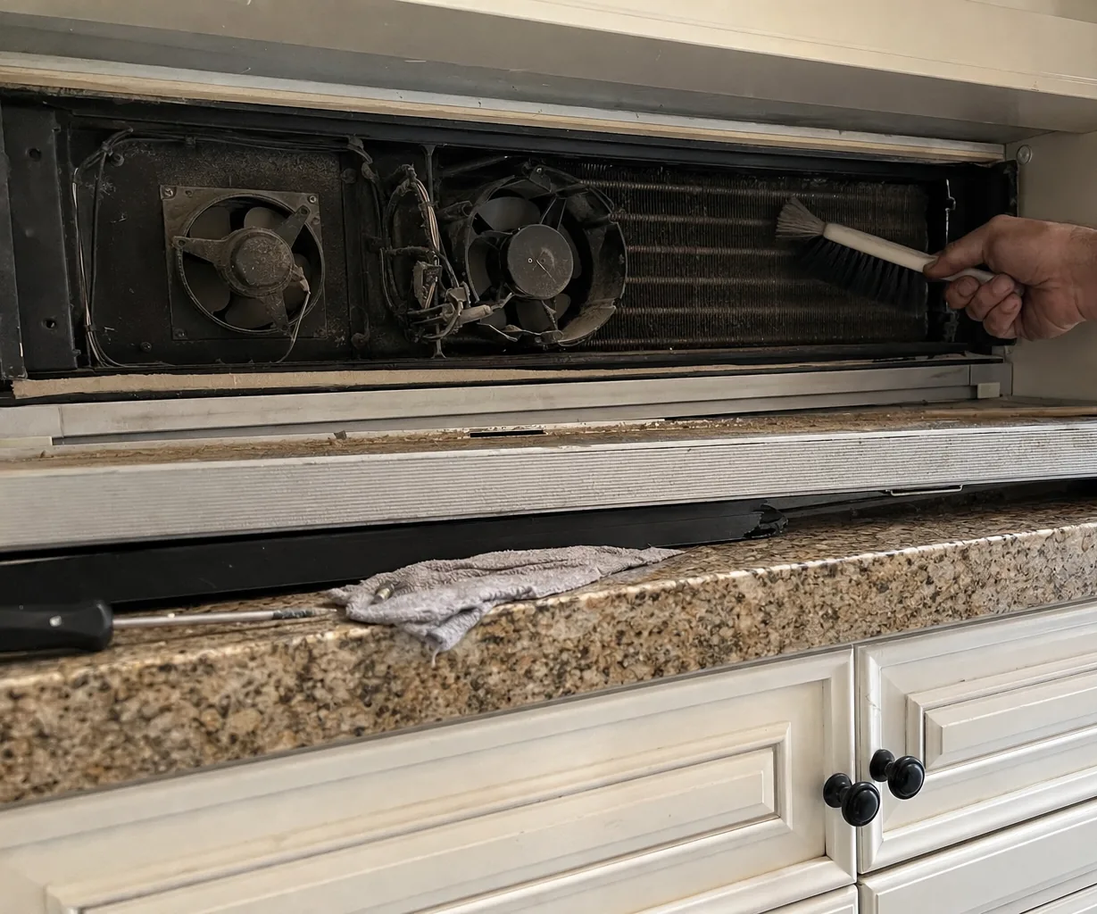 Mirrored close view of a dusty condenser coil and fan assembly behind a cabinet grille