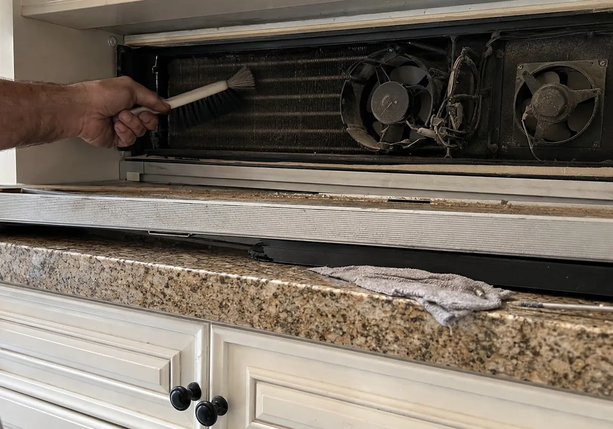 Centre crop of two condenser fans and a coil face being brushed clean above a built-in unit