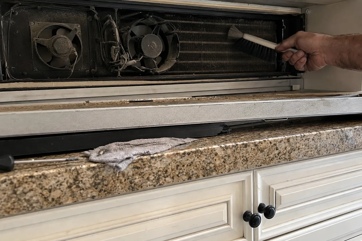 Off-centre view of a forearm reaching over a granite counter into an open condenser bay