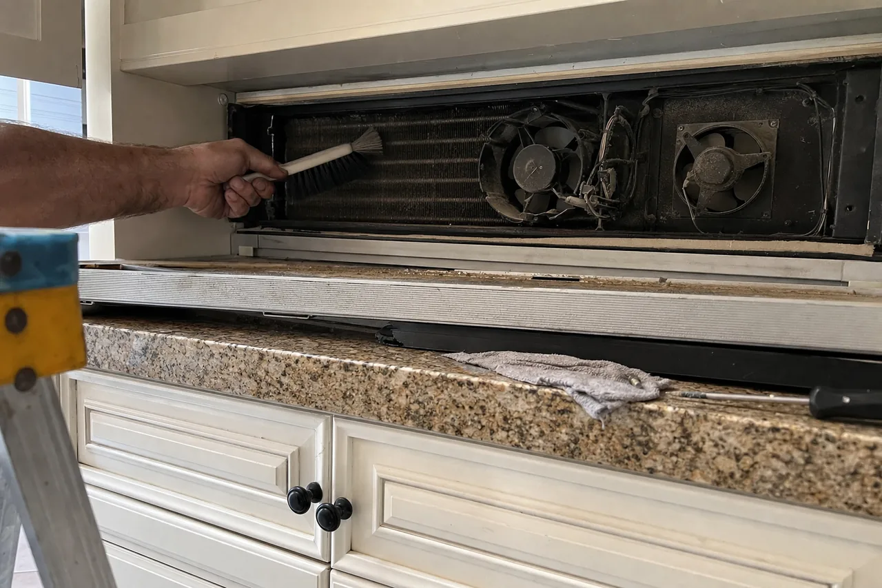 Full view of an opened upper grille showing a condenser coil, two fan cages and a wiping cloth on the granite below