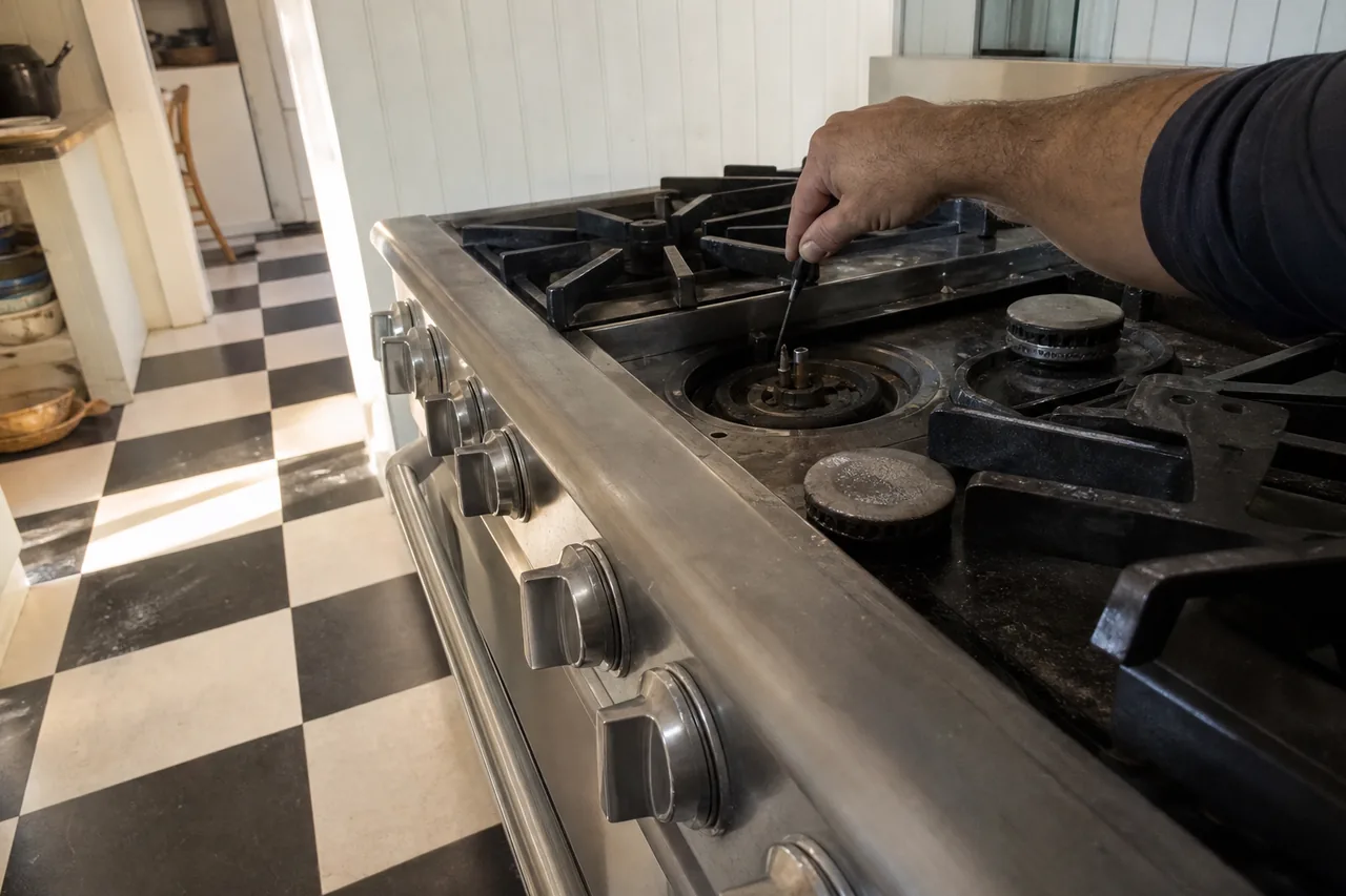 Hand guiding a slim screwdriver to the igniter of a bare burner on a stainless pro-style range, its cap resting beside it, a checkered floor beyond
